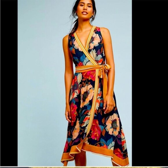 Maeve Anthropologie Botanical Floral Faux Wrap Handkerchief Midi Dress - Picture 1 of 11
